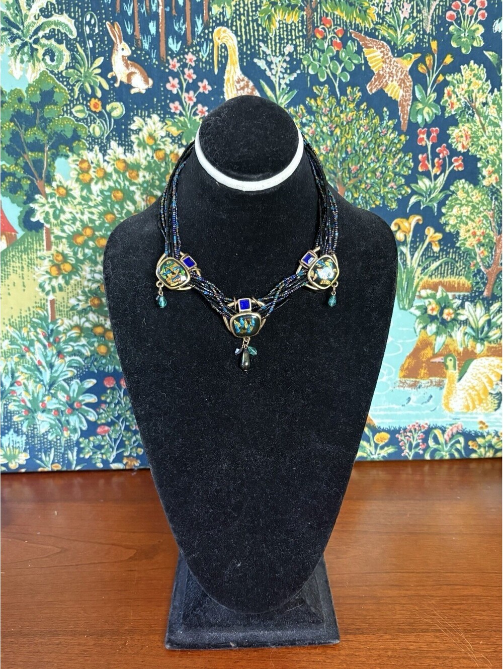 Chico's Multi Strand Seed Bead Foil Pendants Glass Dangle Necklace 16" to 19"